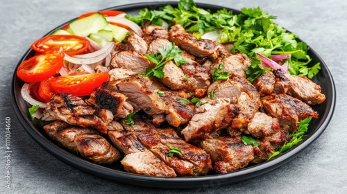 Grilled Meat Platter with Fresh Vegetables and Herbs Presentation