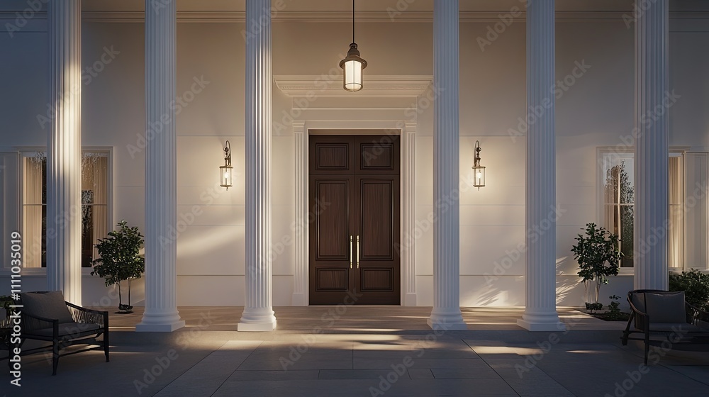 Elegant Entrance with Columns and Warm Lighting at Sunset Elegant Entrance with Columns and Warm Lighting at Sunset