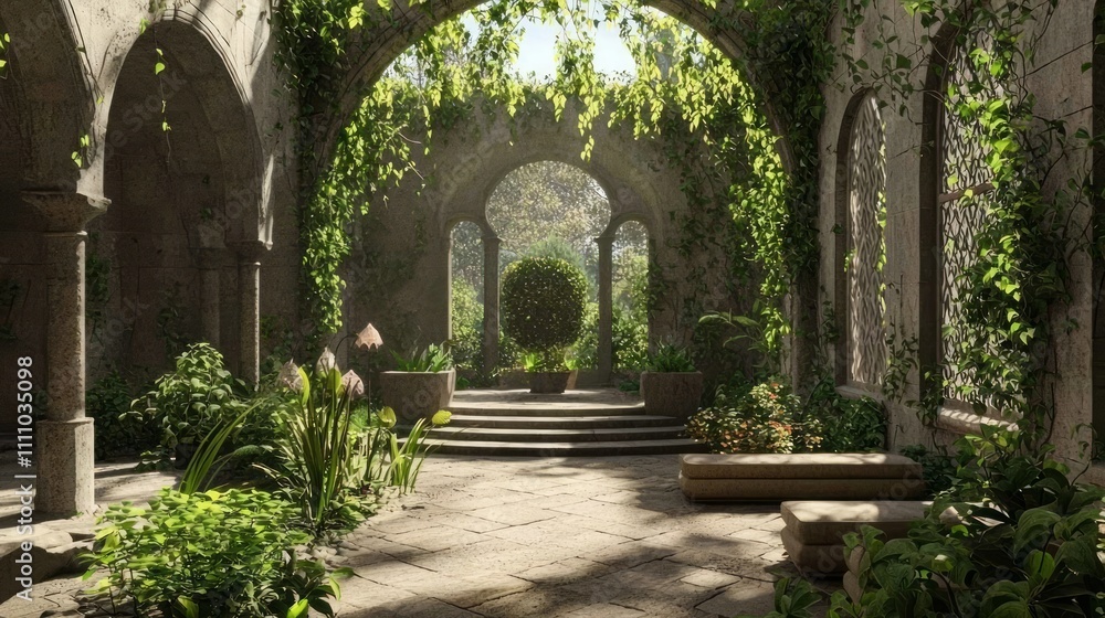 Fototapeta premium Serene Fusion: A Modern-Medieval Meditation Garden Retreat