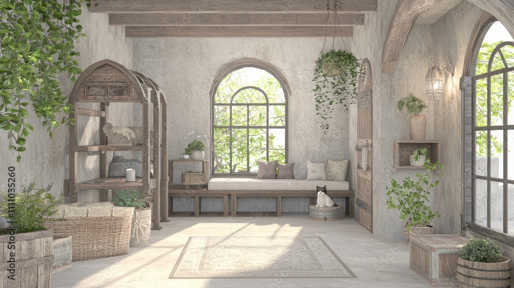 Modern-Medieval Fusion: Stylish Pet Area with Rustic Decor and Functional Charm Modern-Medieval Fusion: Stylish Pet Area with Rustic Decor and Functional Charm
