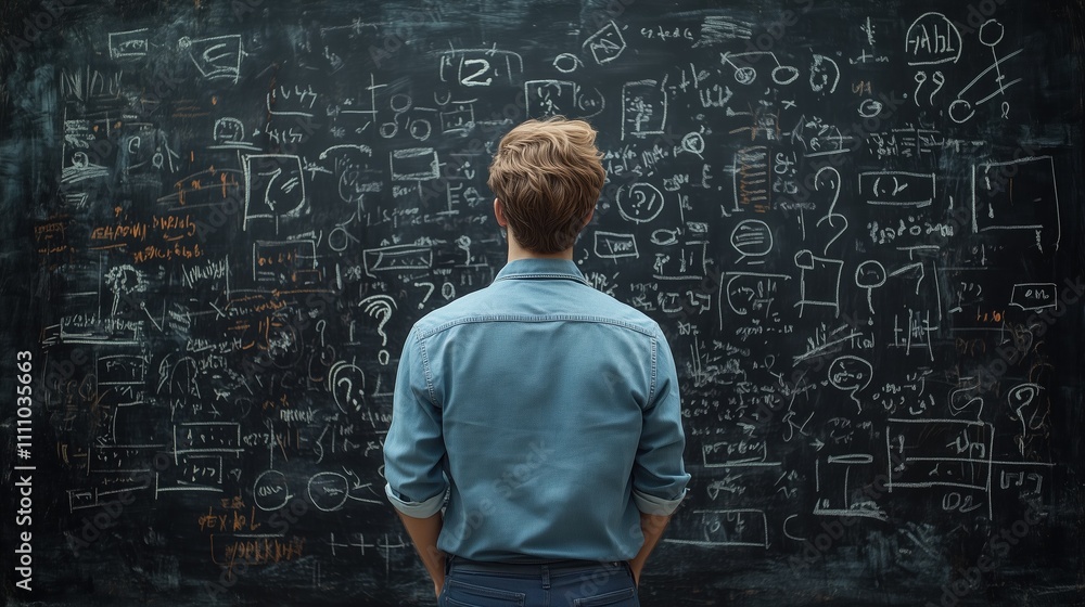 Contemplating complex theories - young man facing chalkboard filled with mathematical equations and diagrams Contemplating complex theories - young man facing chalkboard filled with mathematical equations and diagrams