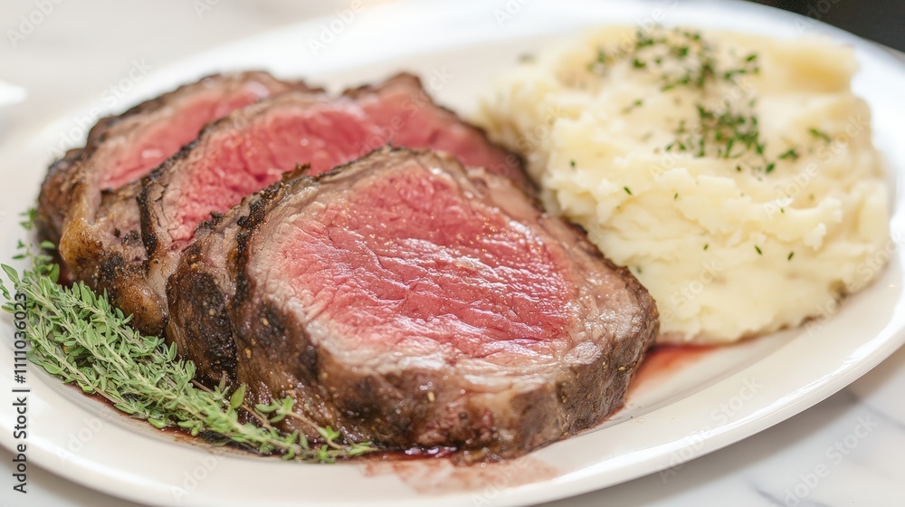 A plate featuring slices of juicy roast beef with creamy mashed potatoes and herbs. A plate featuring slices of juicy roast beef with creamy mashed potatoes and herbs.