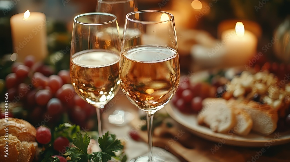 Elegant wine glasses on rustic table with grapes and candlelight ambiance Elegant wine glasses on rustic table with grapes and candlelight ambiance