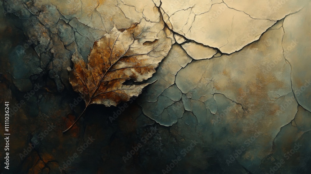 A Single Dried Leaf Resting on a Cracked, Textured Surface A Single Dried Leaf Resting on a Cracked, Textured Surface