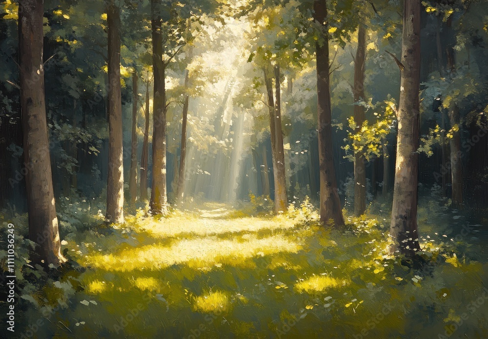 Serene Sunlit Forest with Tall Trees and Gentle Sunbeams Illuminating a Lush Green Meadow in a Peaceful Natural Setting Serene Sunlit Forest with Tall Trees and Gentle Sunbeams Illuminating a Lush Green Meadow in a Peaceful Natural Setting