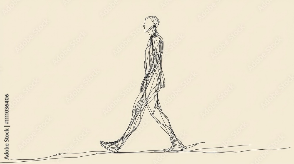 Abstract Line Drawing of a Solo Walker in Minimalist Style Captured with Fluid Lines and Dynamic Posture, Representing Movement and Human Form in a Simple Composition Abstract Line Drawing of a Solo Walker in Minimalist Style Captured with Fluid Lines and Dynamic Posture, Representing Movement and Human Form in a Simple Composition