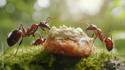 Two ants feast on a creamy pastry outdoors. photo