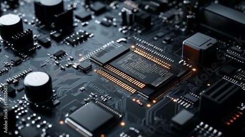 Close-up of a circuit board showcasing electronic components and connections.