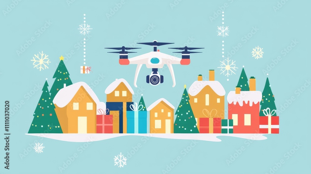 Festive drone delivering gifts over winter village. Festive drone delivering gifts over winter village.