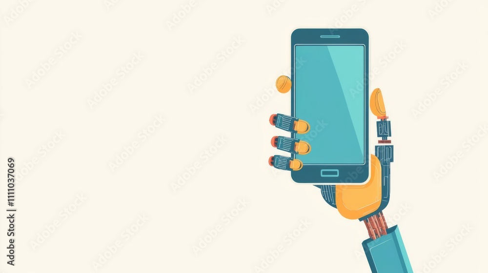Robot hand holding a smartphone device. Robot hand holding a smartphone device.