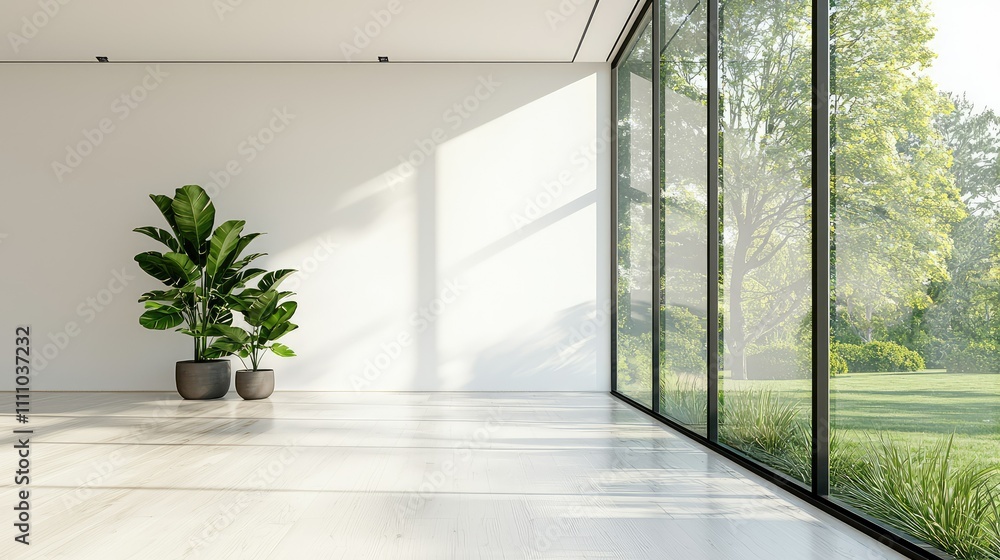 Bright and Spacious Interior with Large Windows Showcasing Natural Light and Greenery, Ideal for Modern Living Spaces and Minimalist Decor Bright and Spacious Interior with Large Windows Showcasing Natural Light and Greenery, Ideal for Modern Living Spaces and Minimalist Decor