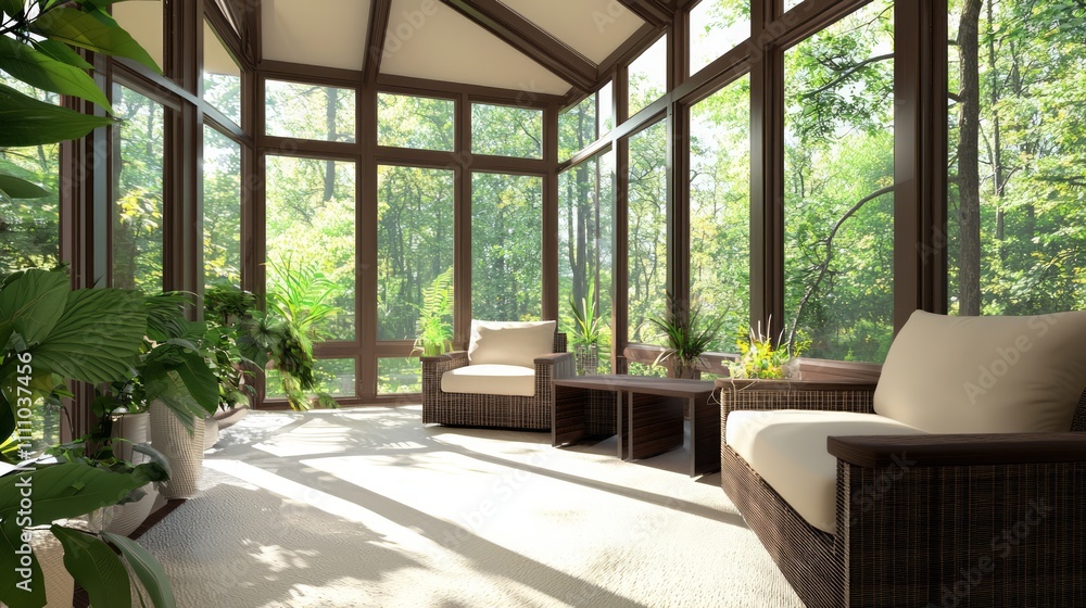Cozy Modern-Medieval Sunroom with Nature Views | A Fusion of Modern Seating and Medieval Decor | Realistic Interior Design Visualization Cozy Modern-Medieval Sunroom with Nature Views | A Fusion of Modern Seating and Medieval Decor | Realistic Interior Design Visualization