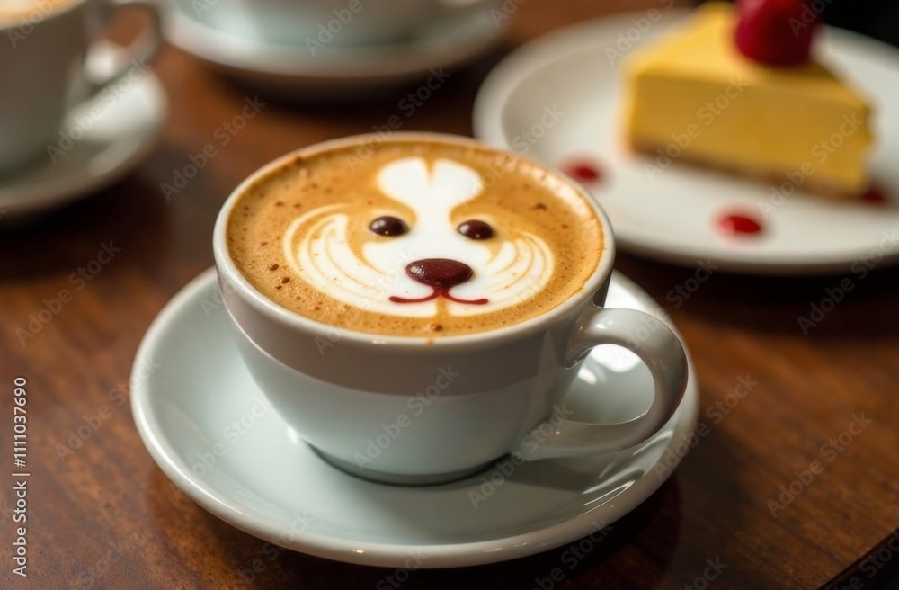 Image of a cute dog using cinnamon on cappuccino milk froth, latte. Dessert on a wooden table in a cafe Image of a cute dog using cinnamon on cappuccino milk froth, latte. Dessert on a wooden table in a cafe