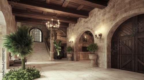 Fusion of Modern and Medieval: Grand Entrance Hall with Rustic Accents and Intricate Lighting for a Timeless Impression