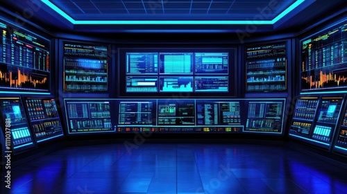 Futuristic Control Room with Digital Screens and Data Visualization