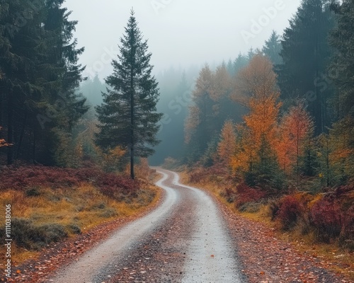 Serene Winding Road Through Autumn Forest with Misty Atmosphere and Vibrant Foliage in Hazy Light Conditions