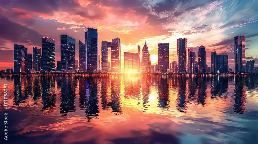 Urban skyline at sunset reflecting on water, showcasing a vibrant cityscape with colorful clouds and modern architecture, perfect for travel and tourism themes Urban skyline at sunset reflecting on water, showcasing a vibrant cityscape with colorful clouds and modern architecture, perfect for travel and tourism themes