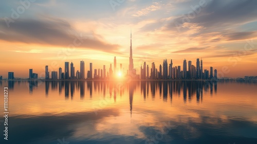 Breathtaking Sunset Over Iconic City Skyline Reflecting in Calm Water with Skyscrapers and Architectural Masterpieces in Dubai, UAE