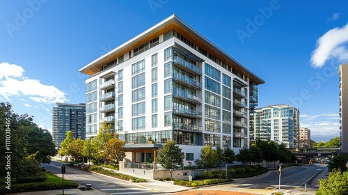 Modern Urban Apartment Building with Glass Facades and Green Landscaping Surrounded by Cityscape Under Bright Blue Sky and Fluffy Clouds