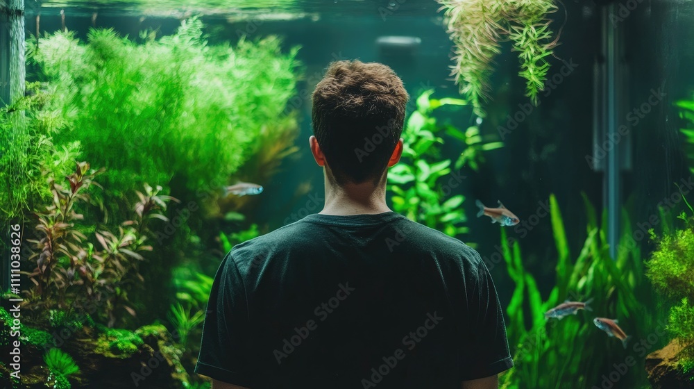 Man Gazing at Underwater World in Aquarium Enclosure with Vibrant Green Aquatic Plants Man Gazing at Underwater World in Aquarium Enclosure with Vibrant Green Aquatic Plants