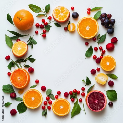 Colorful arrangement of fresh fruit on a bright background creates a vibrant border photo