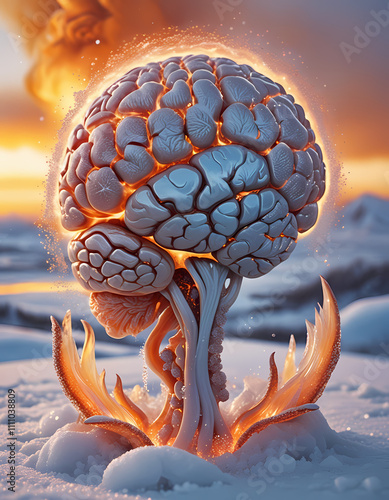 A fiery brain in a hot atmosphere opposes a frosty brain in a cold setting, symbolizing emotional and rational thinking