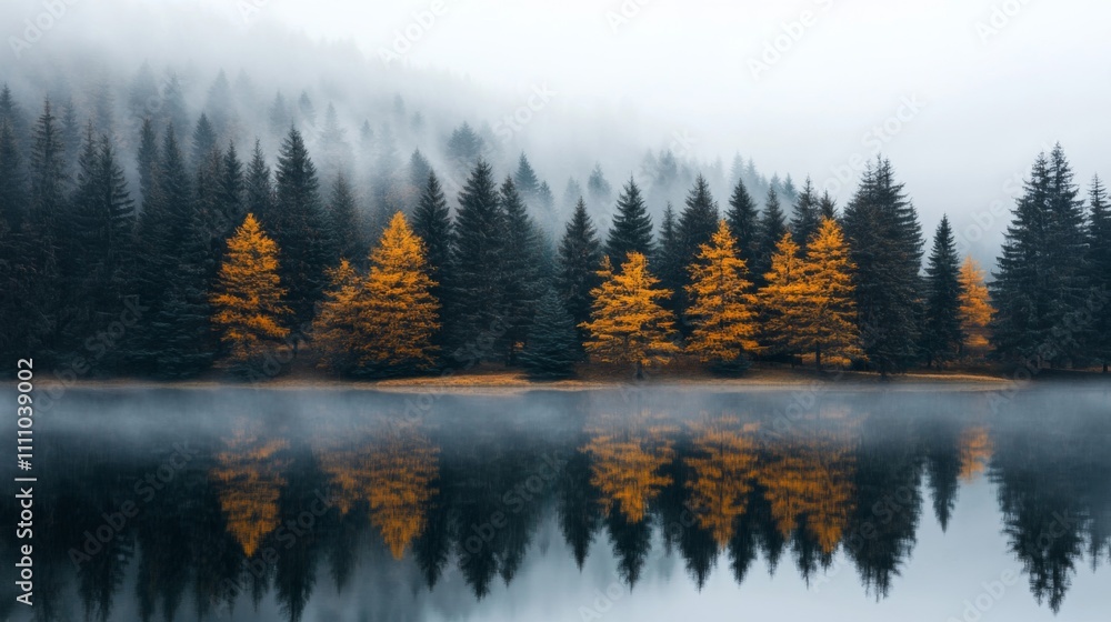 Misty Lake with Golden Trees and Reflections Misty Lake with Golden Trees and Reflections