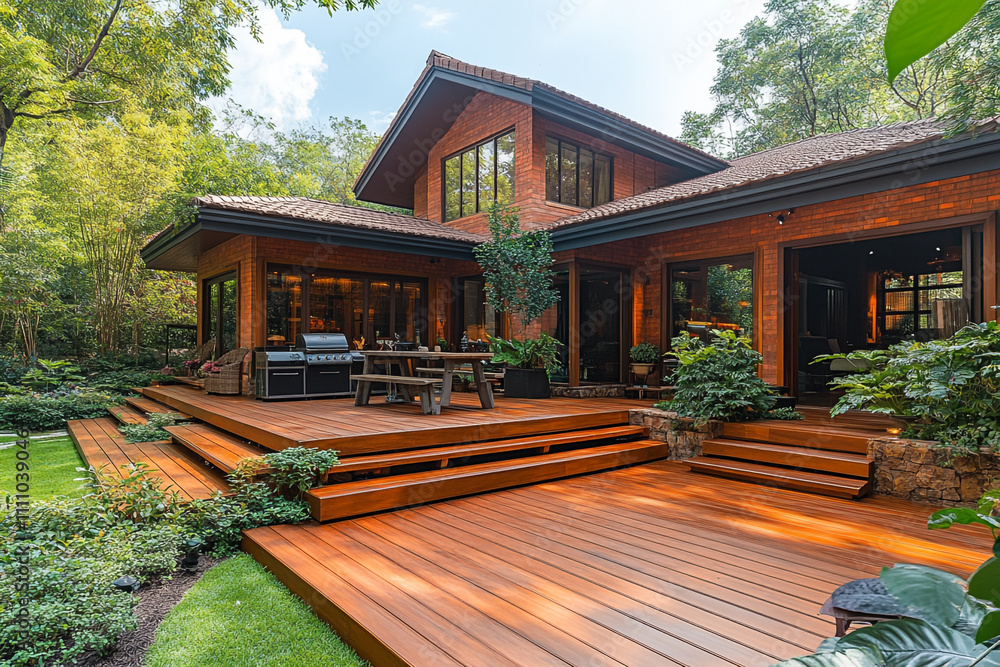 Obraz premium Brick House Backyard Deck Outdoor Living Space