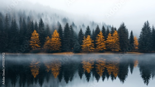 Misty Lake with Golden Trees and Reflections