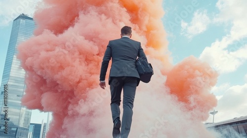 A businessman walking through vibrant pink smoke, symbolizing creativity and innovation in the corporate world.