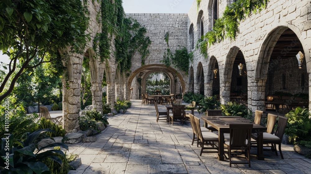 Modern-Medieval Fusion: Stylish Outdoor Dining Space with Stone Walls and Inviting Decor | Ultra-Detailed Interior Design Image Modern-Medieval Fusion: Stylish Outdoor Dining Space with Stone Walls and Inviting Decor | Ultra-Detailed Interior Design Image