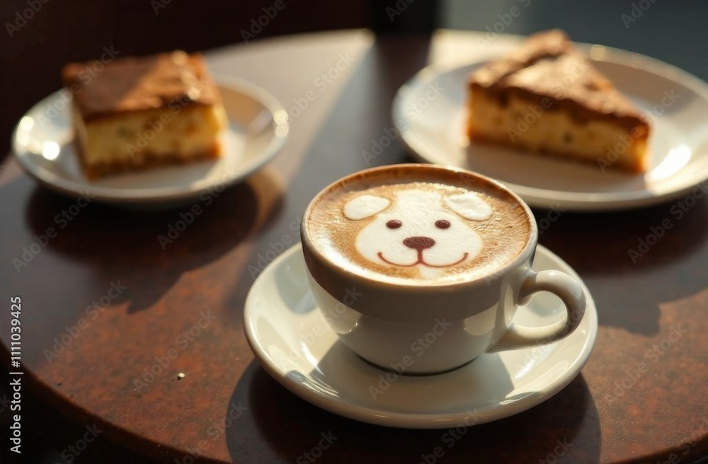 Image of a cute dog using cinnamon on cappuccino milk froth, latte. Dessert on a wooden table in a cafe Image of a cute dog using cinnamon on cappuccino milk froth, latte. Dessert on a wooden table in a cafe