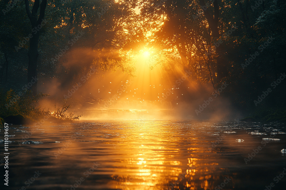 Golden Sunrise Illuminates Misty River Through Forest Trees Golden Sunrise Illuminates Misty River Through Forest Trees