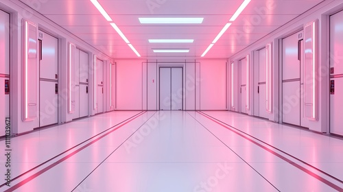 A futuristic corridor illuminated with pink lights  featuring sleek design and multiple doors  creating a modern and sterile atmosphere.
