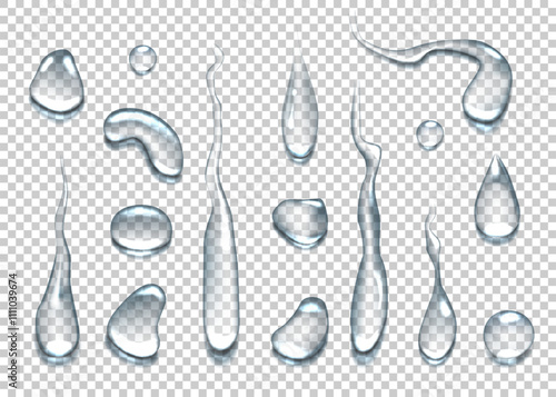 Water droplet. PNG drop splash, glass drip surface or transparent dew liquid texture. Clean rain, wet shower. Clear raindrop background. Condensation on window. Realistic vector isolated set