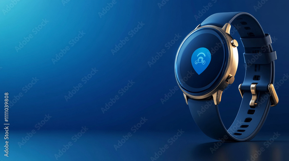 Abstract illustration of smart watch projecting speech bubble with gold notification bell in low poly style. Blue geometric background depicting communication and networking technology by wireframe Abstract illustration of smart watch projecting speech bubble with gold notification bell in low poly style. Blue geometric background depicting communication and networking technology by wireframe