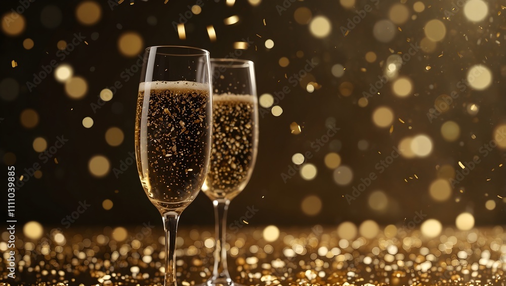 Two champagne flutes, filled with bubbly champagne, on a surface of gold glitter. A blurred golden background.
Two champagne flutes, filled with bubbly champagne, on a surface of gold glitter. A blurred golden background.