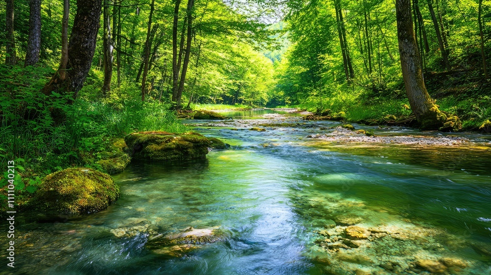 Tranquil Forest Landscape with Clear Stream Flowing Through Lush Greenery and Sunlit Trees in a Peaceful Natural Setting Surrounded by Scenic Beauty Tranquil Forest Landscape with Clear Stream Flowing Through Lush Greenery and Sunlit Trees in a Peaceful Natural Setting Surrounded by Scenic Beauty
