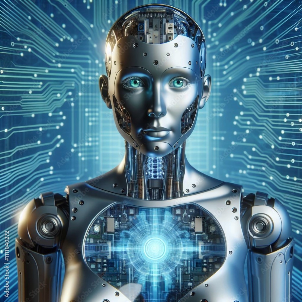 A striking portrait of a female humanoid robot shows metallic silver design and a glowing blue core. A striking portrait of a female humanoid robot shows metallic silver design and a glowing blue core.