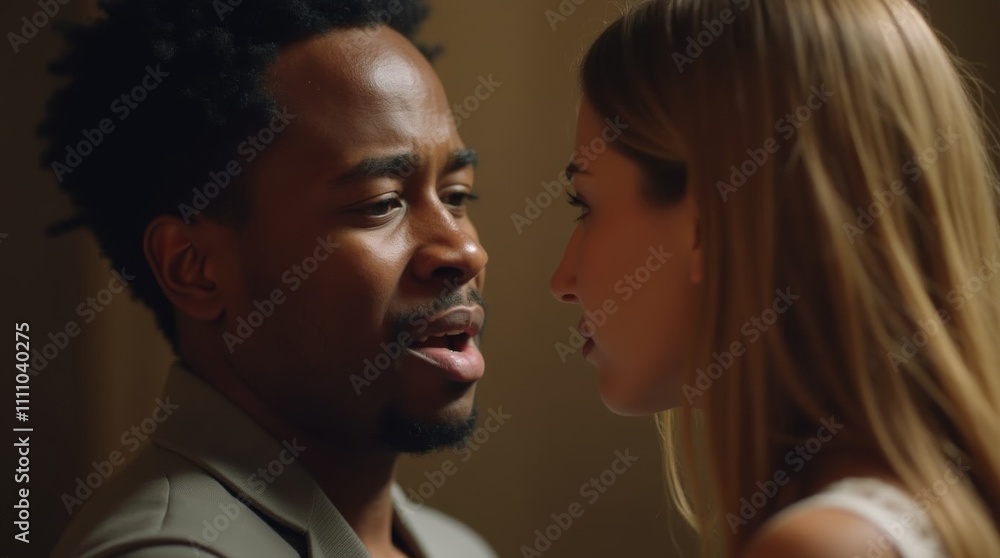 A close-up of a nervous Afro-American man confessing his love to a woman, capturing the intensity of the moment with heartfelt emotion in his eyes A close-up of a nervous Afro-American man confessing his love to a woman, capturing the intensity of the moment with heartfelt emotion in his eyes