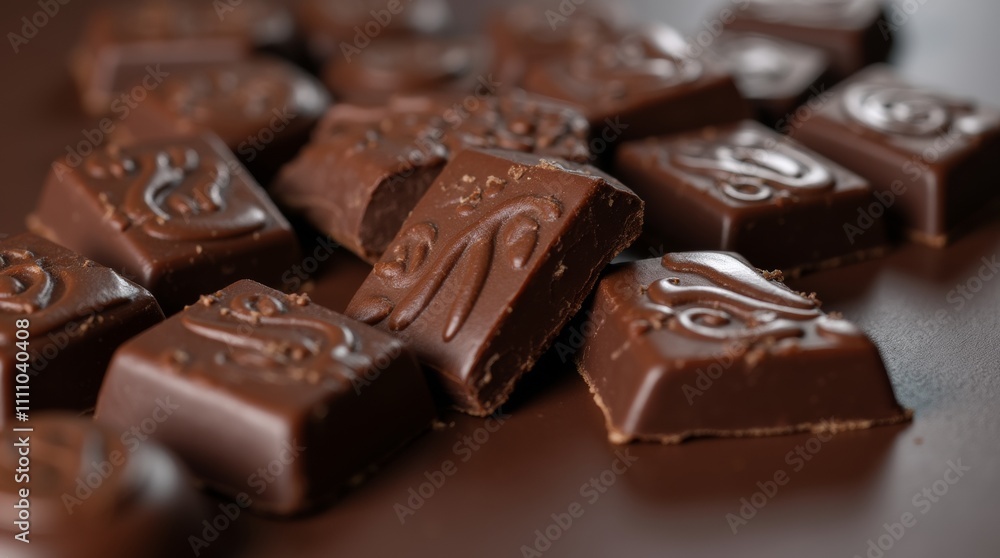 A close-up of a rich, dark chocolate bar broken into pieces, showcasing its glossy texture and intricate patterns A close-up of a rich, dark chocolate bar broken into pieces, showcasing its glossy texture and intricate patterns