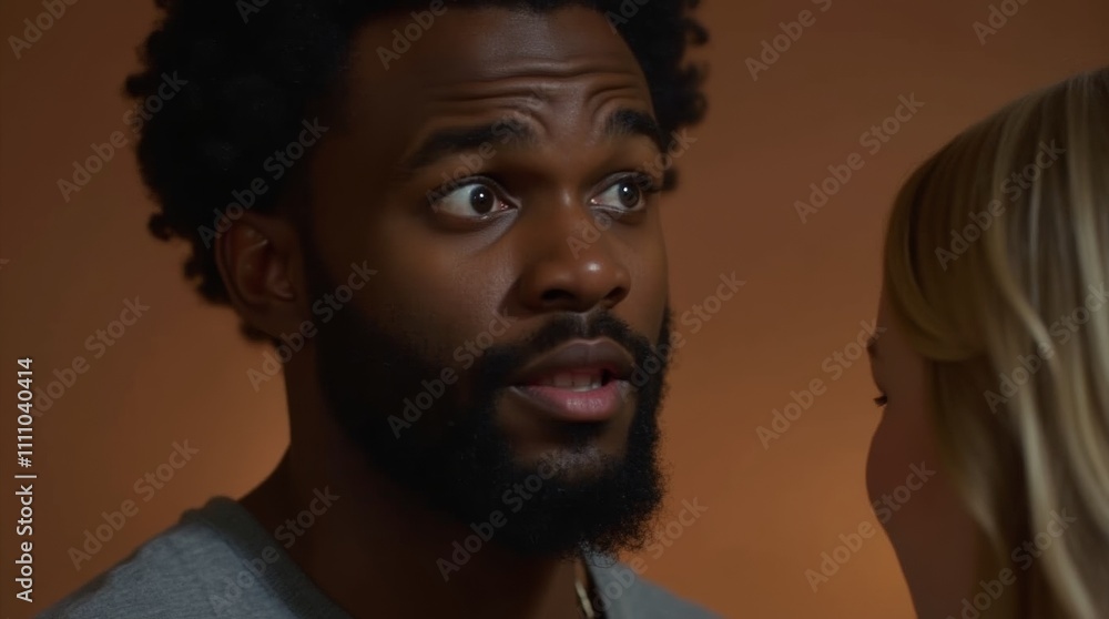 A close-up of a nervous Afro-American man confessing his love to a woman, capturing the intensity of the moment with heartfelt emotion in his eyes A close-up of a nervous Afro-American man confessing his love to a woman, capturing the intensity of the moment with heartfelt emotion in his eyes
