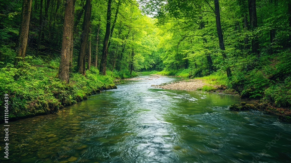 Serene Forest Landscape with Tranquil Stream Flowing Through Lush Green Trees and Vibrant Underbrush in a Peaceful Natural Setting Serene Forest Landscape with Tranquil Stream Flowing Through Lush Green Trees and Vibrant Underbrush in a Peaceful Natural Setting