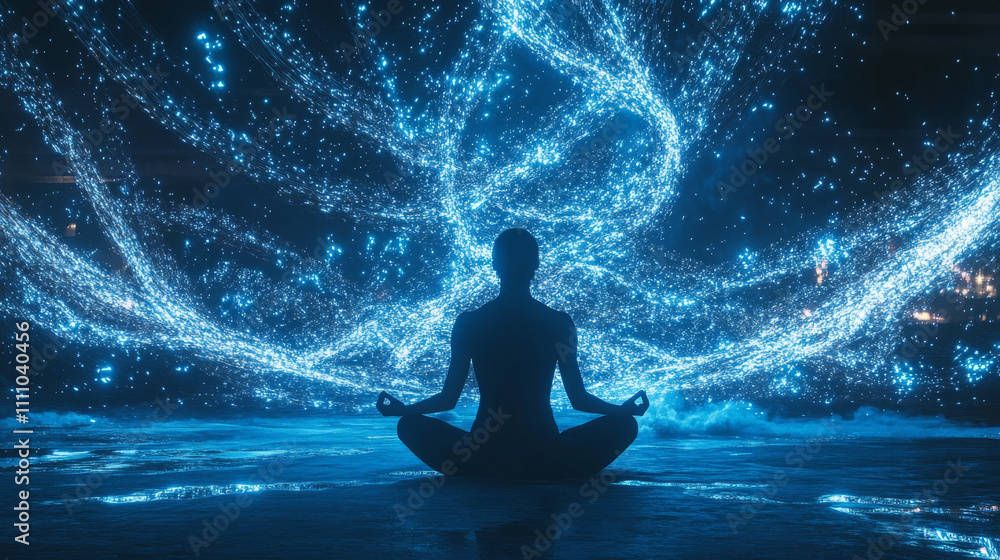 man meditate dark blue abstract circle background, yoga. beam. ray, digital cyber security Blue abstract hi speed internet technology background man meditate dark blue abstract circle background, yoga. beam. ray, digital cyber security Blue abstract hi speed internet technology background