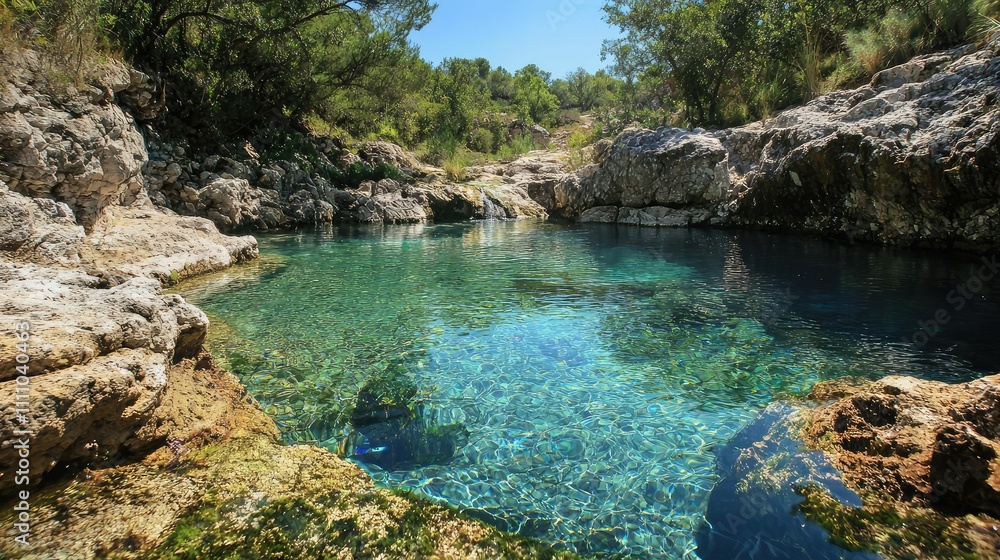 Serene Natural Pool Surrounded by Lush Greenery and Rocky Outcrops in a Bright Blue Sky Setting, Inviting Relaxation and Tranquility in Nature Serene Natural Pool Surrounded by Lush Greenery and Rocky Outcrops in a Bright Blue Sky Setting, Inviting Relaxation and Tranquility in Nature