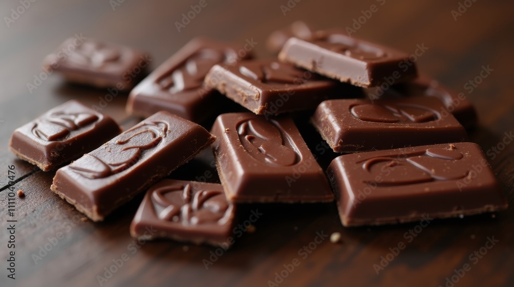 A close-up of a rich, dark chocolate bar broken into pieces, showcasing its glossy texture and intricate patterns A close-up of a rich, dark chocolate bar broken into pieces, showcasing its glossy texture and intricate patterns