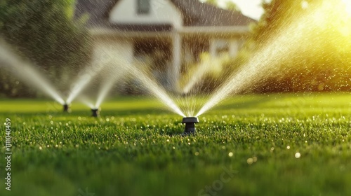 A serene garden scene featuring sprinklers watering a lush green lawn, illuminated by warm sunlight, with a house in the background.