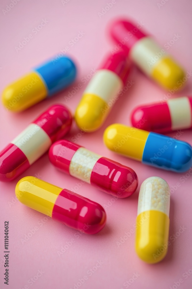 Colorful capsules and tablets in a glass jar placed on a pink background Colorful capsules and tablets in a glass jar placed on a pink background