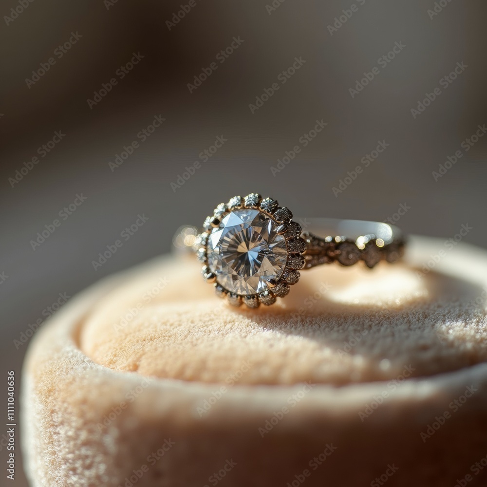 A detailed close-up of a diamond engagement ring on a velvet cushion, showcasing its sparkle and intricate design, perfect for wedding or proposal themes A detailed close-up of a diamond engagement ring on a velvet cushion, showcasing its sparkle and intricate design, perfect for wedding or proposal themes