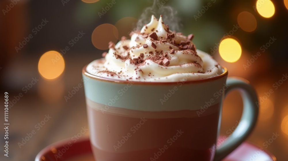 A close-up of a steaming cup of rich hot chocolate topped with whipped cream and chocolate shavings A close-up of a steaming cup of rich hot chocolate topped with whipped cream and chocolate shavings